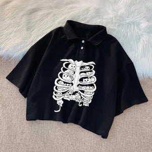 Skeleton Print Buttoned Crop Top