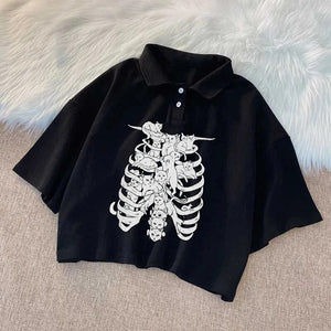 Skeleton Print Buttoned Crop Top