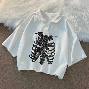 Skeleton Print Buttoned Crop Top