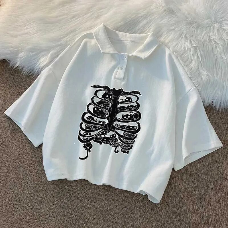 Skeleton Print Buttoned Crop Top