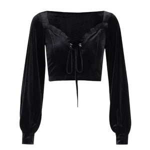 Lace Up Velvet Blouse