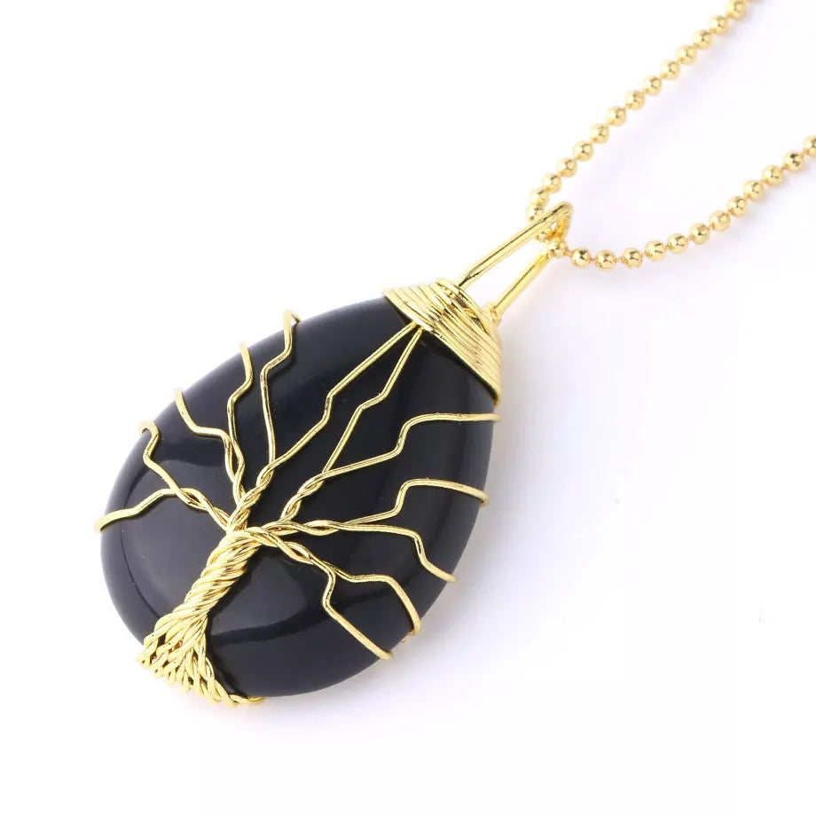 Silver And Gold Tree Of Life Stone Necklace