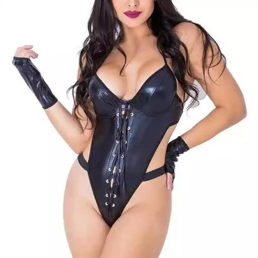 Leather Front Lace Up Bodysuit