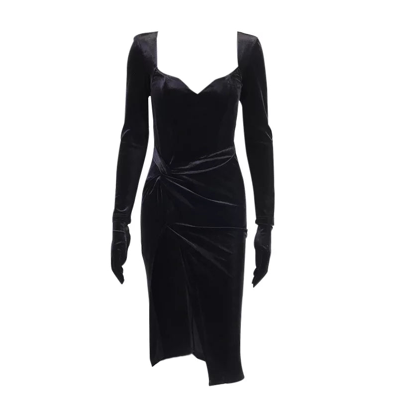 Gloves Sleeved Velvet Midi Dress