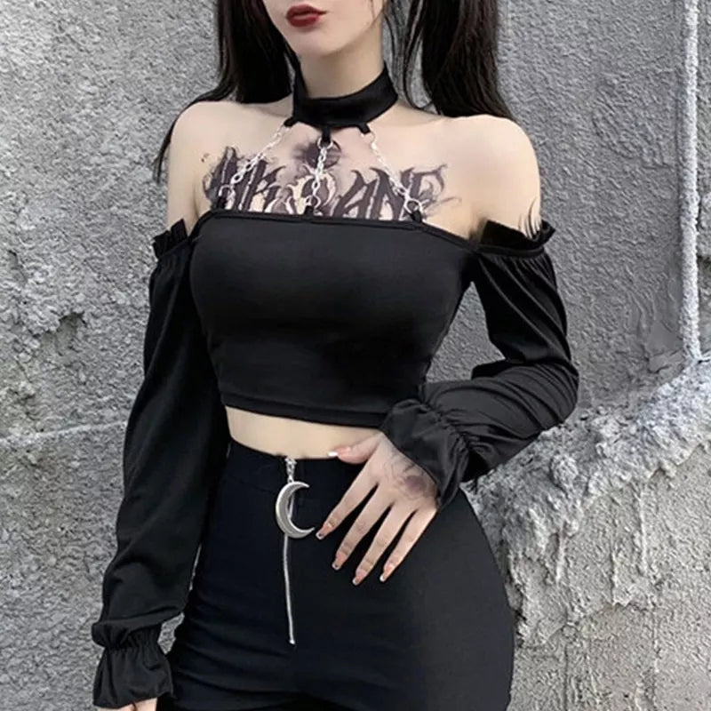 Black Cropped Blouse with Chains