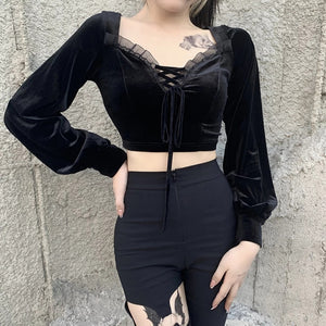 Lace Up Velvet Blouse