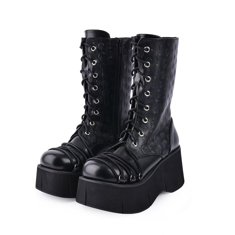 Skull Embroidered Platform Boots