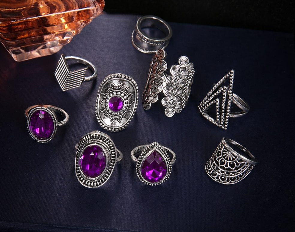 Big Purple Crystal Rings Set (9pcs)