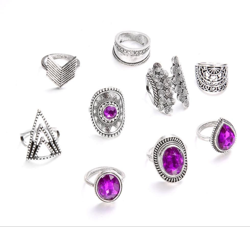 Big Purple Crystal Rings Set (9pcs)