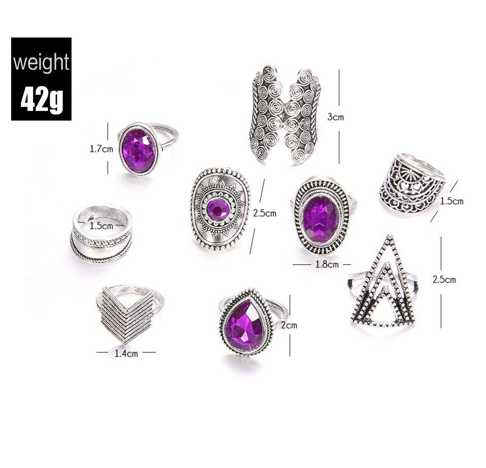 Big Purple Crystal Rings Set (9pcs)