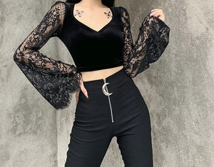 Lace Sleeves Velvet Top