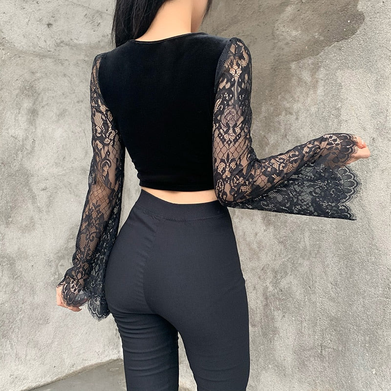 Mesh Flare Sleeved Crop Top