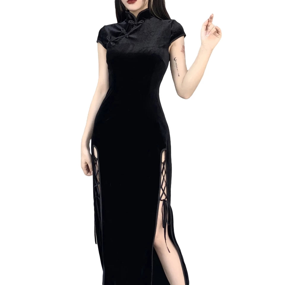 High Slit Velvet Midi Dress