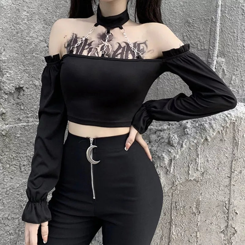 Black Cropped Blouse with Chains