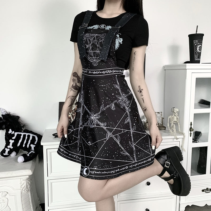 Pentagram Print Suspender Skirt