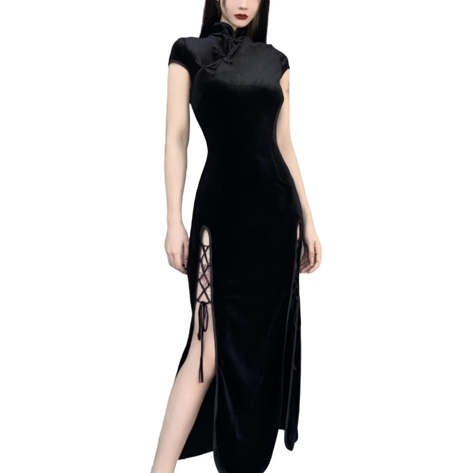 High Slit Velvet Midi Dress