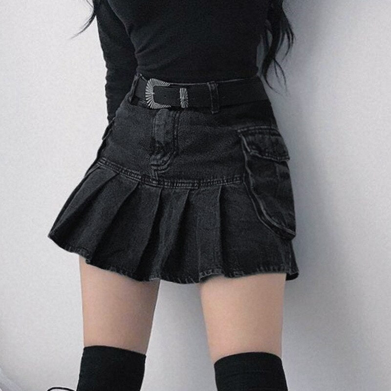 Denim Pleated Mini Skirt