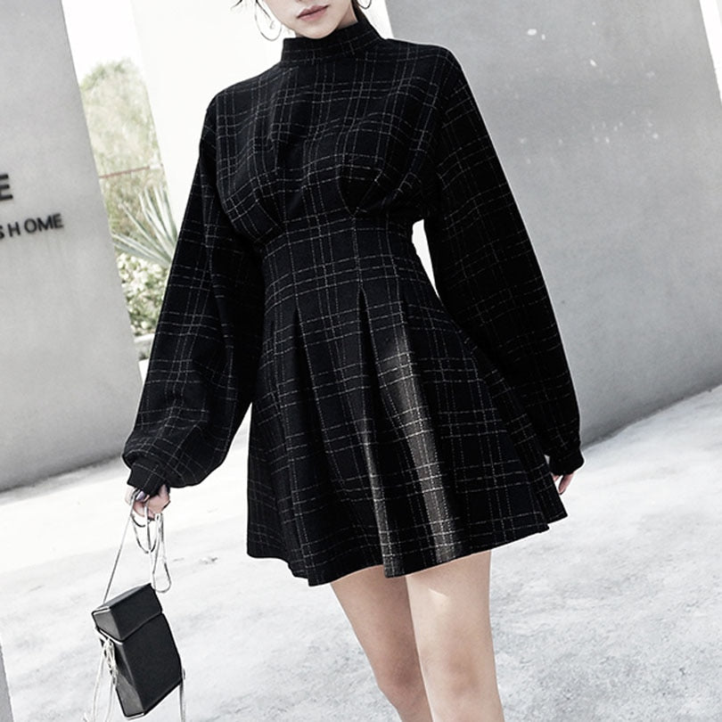 Plaid Puff Sleeved Mini Dress