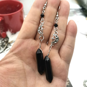 Black Crystal And Crescent Moon Earrings