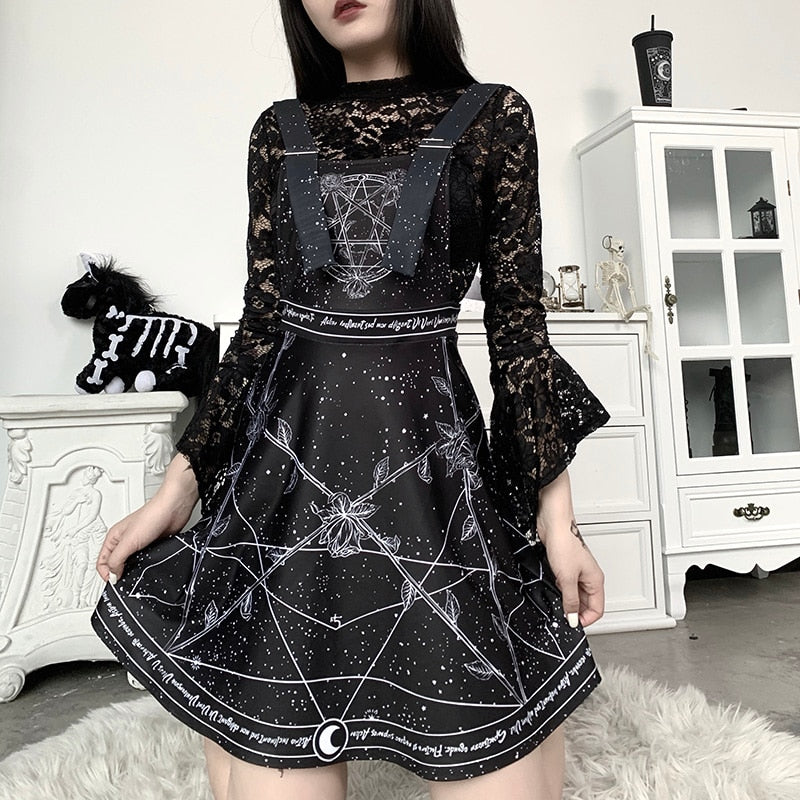 Pentagram Print Suspender Skirt