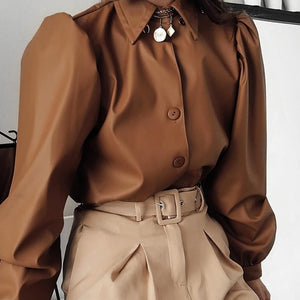 Puff Sleeved Leather Shirt