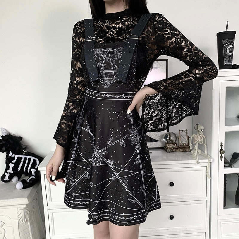 Pentagram Print Suspender Skirt