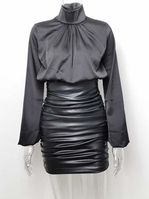 Ruched Leather Mini Skirt