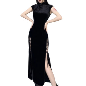 High Slit Velvet Midi Dress