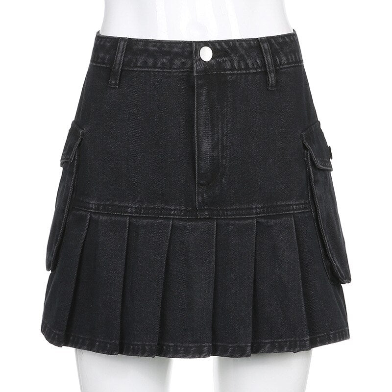 Denim Pleated Mini Skirt