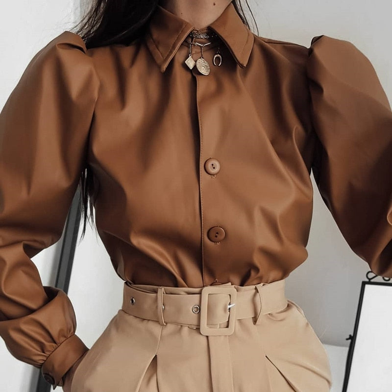 Puff Sleeved Leather Shirt