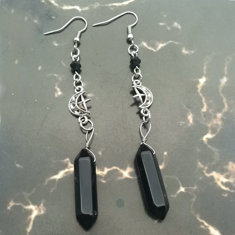 Black Crystal And Crescent Moon Earrings