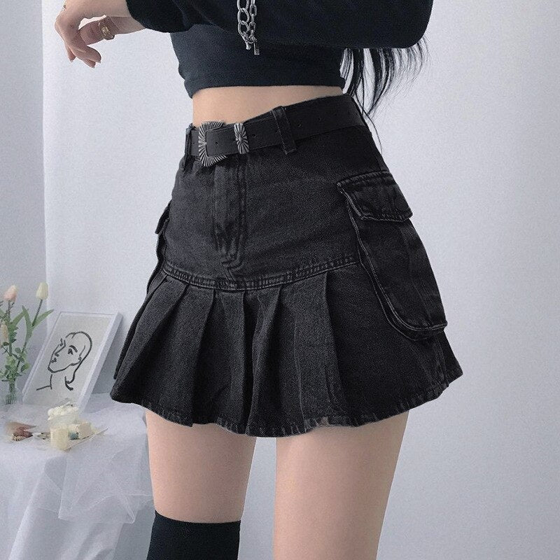 Denim Pleated Mini Skirt