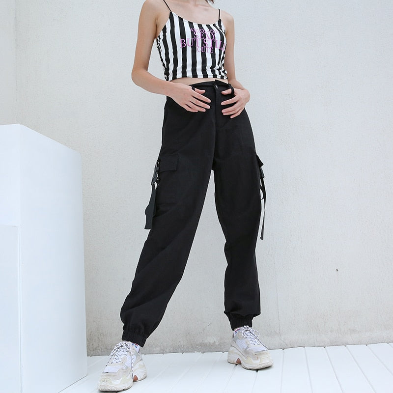 High Waist Black Cargo Trousers