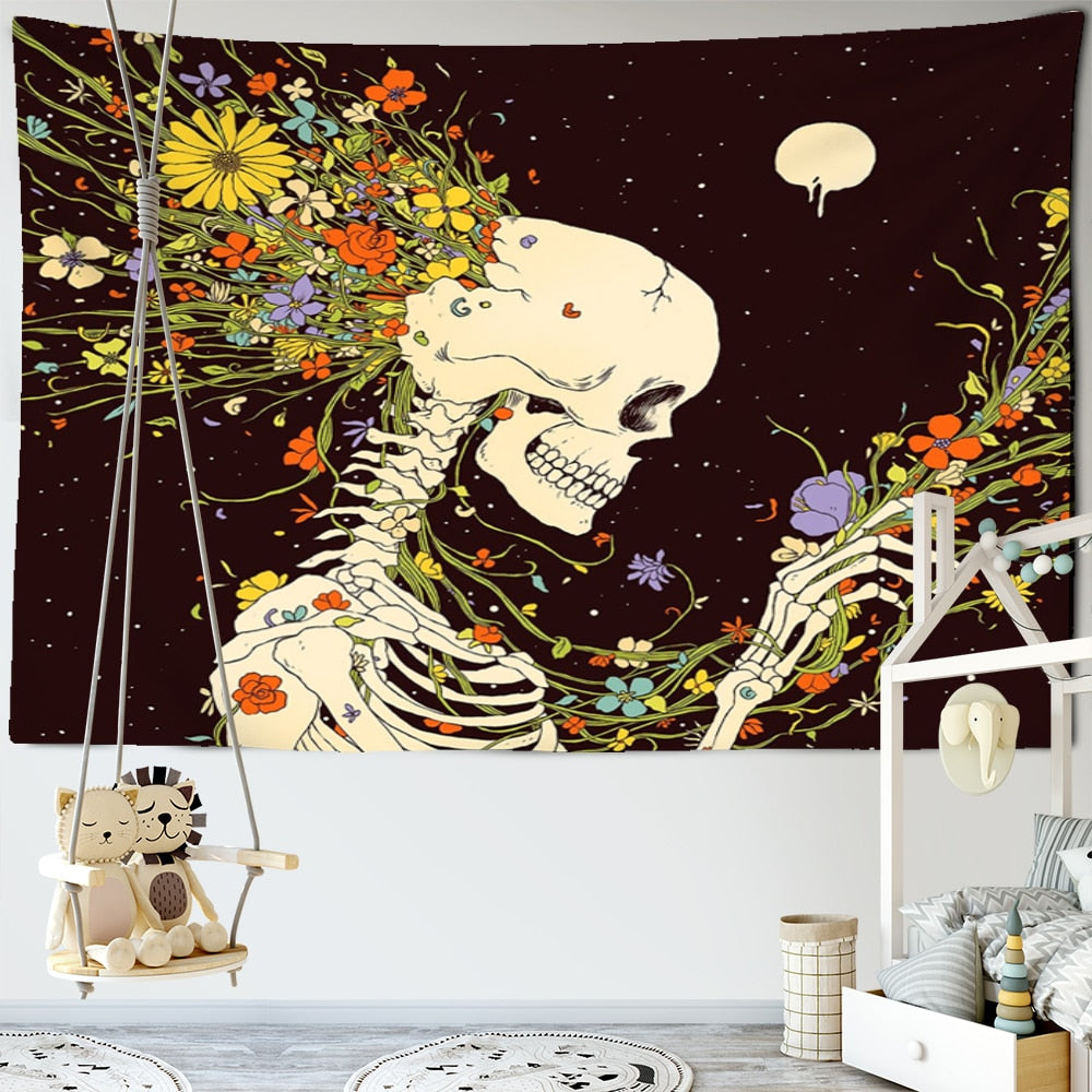 Skull And Flowers Print Tapestry