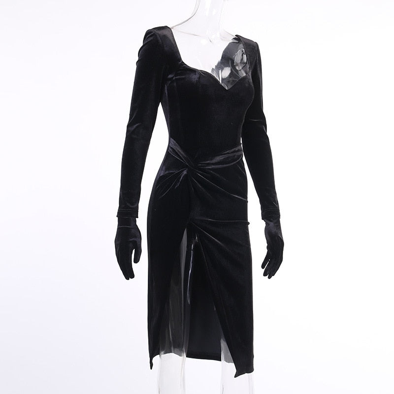 Gloves Sleeved Velvet Midi Dress