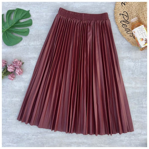 Pleated Leather Midi Skirt