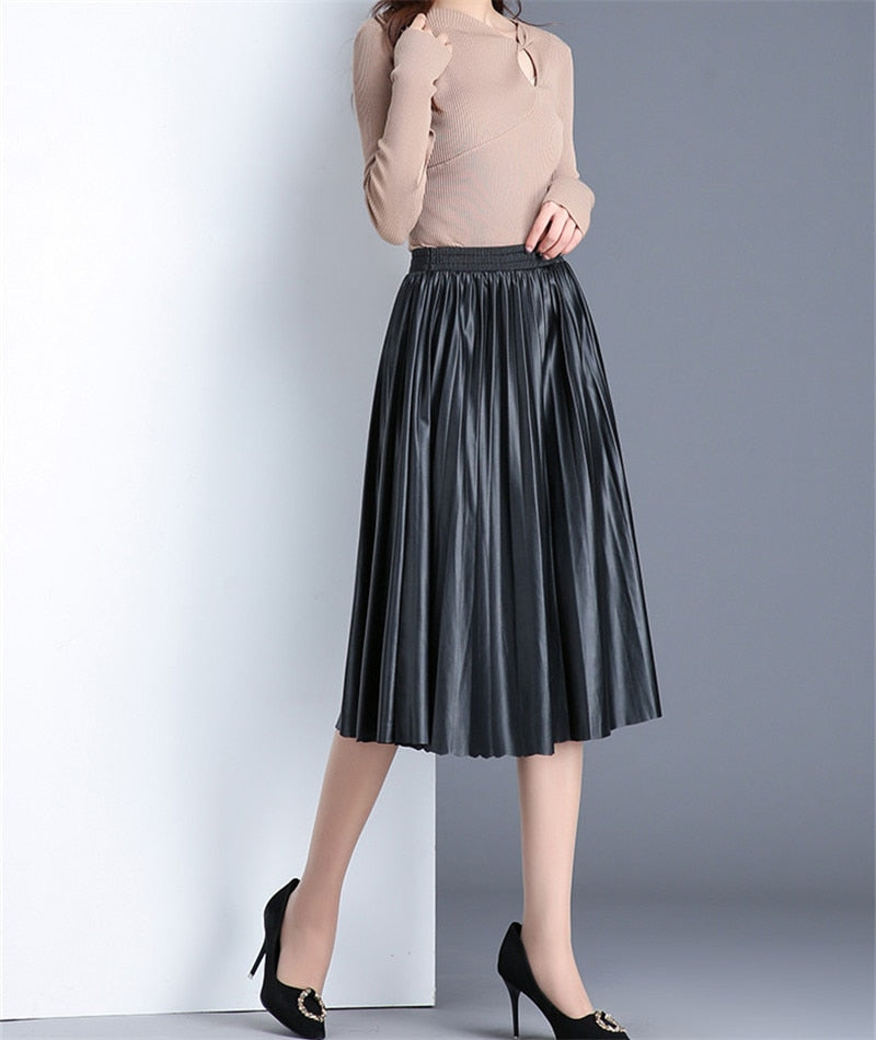 Pleated Leather Midi Skirt