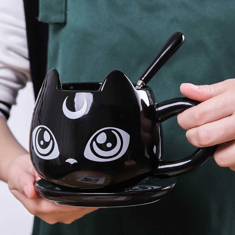 Black Cat Shaped Mug With Tray