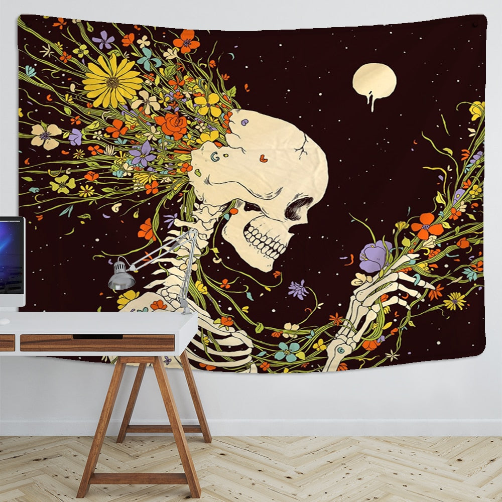 Skull And Flowers Print Tapestry