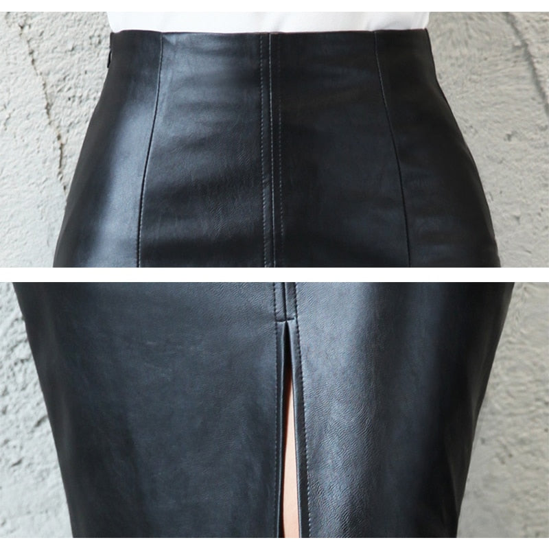 Leather Look Midi Skirt In Black