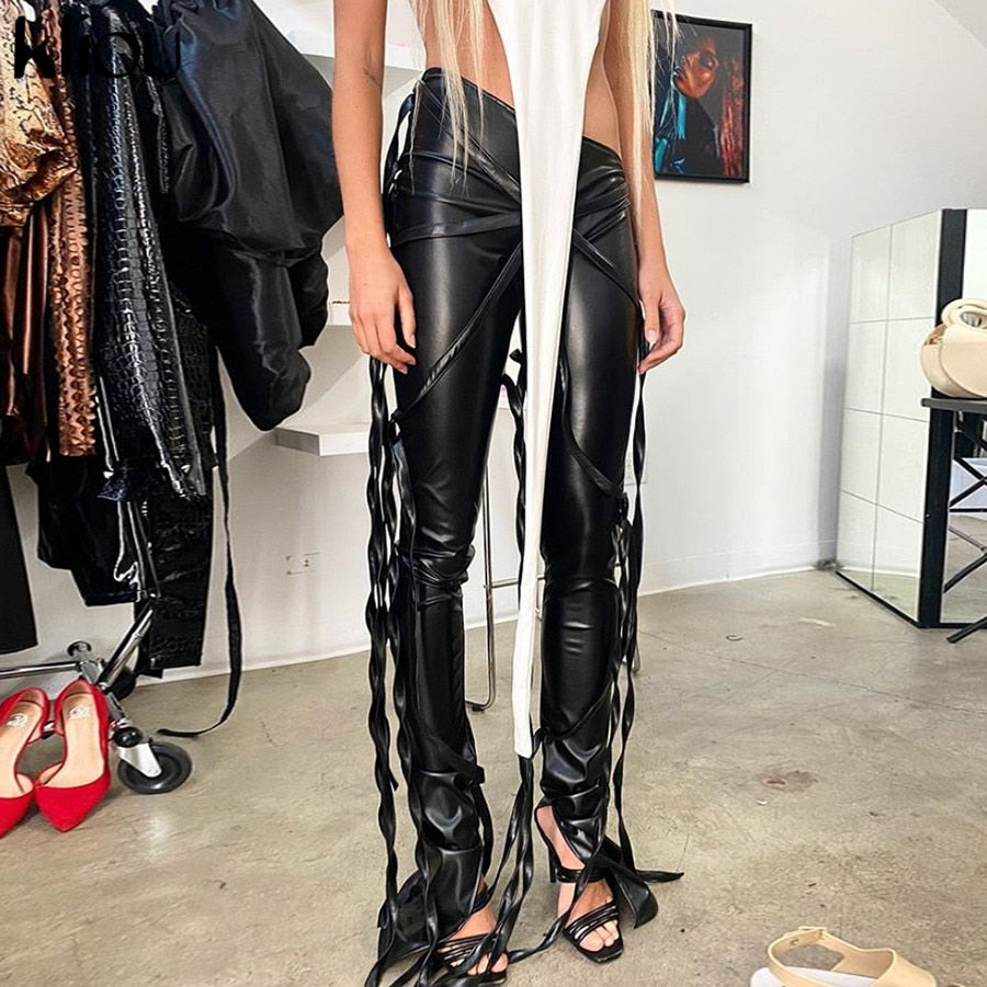 Ribbon Leather Pants