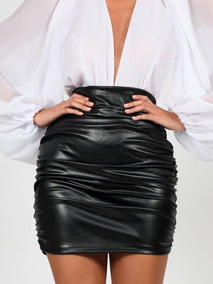 Ruched Leather Mini Skirt