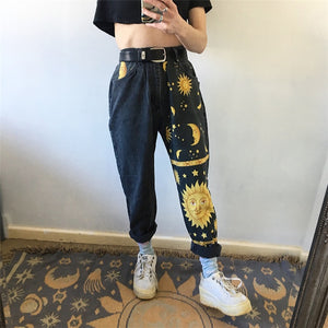 Sun and Moon Print Jeans