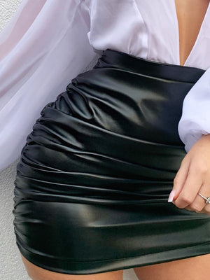 Ruched Leather Mini Skirt