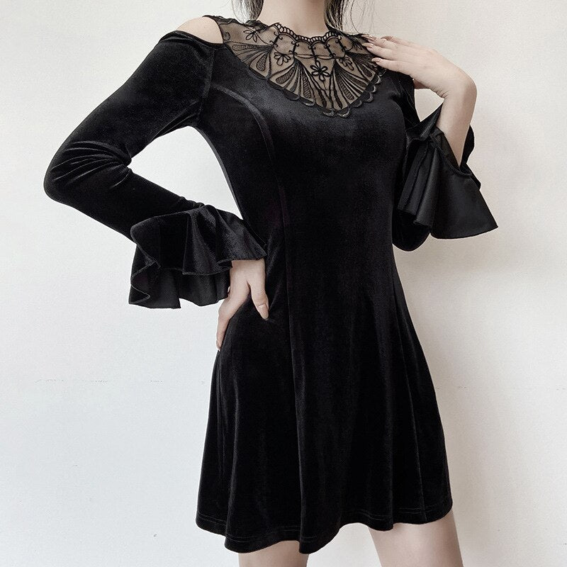 Lotus Sleeve Black Mini Dress