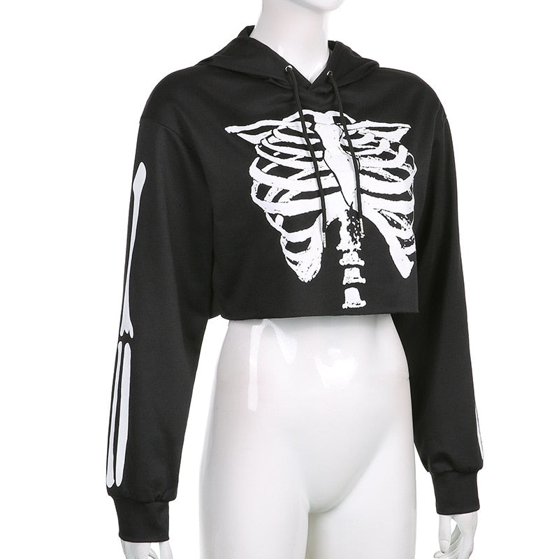 Skeleton Print Cropped Hoodie