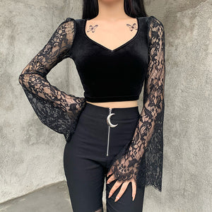 Lace Sleeves Velvet Top