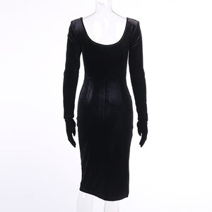 Gloves Sleeved Velvet Midi Dress