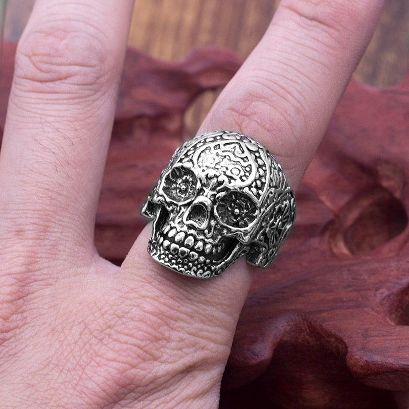 Skull Ring With Flower Engraving