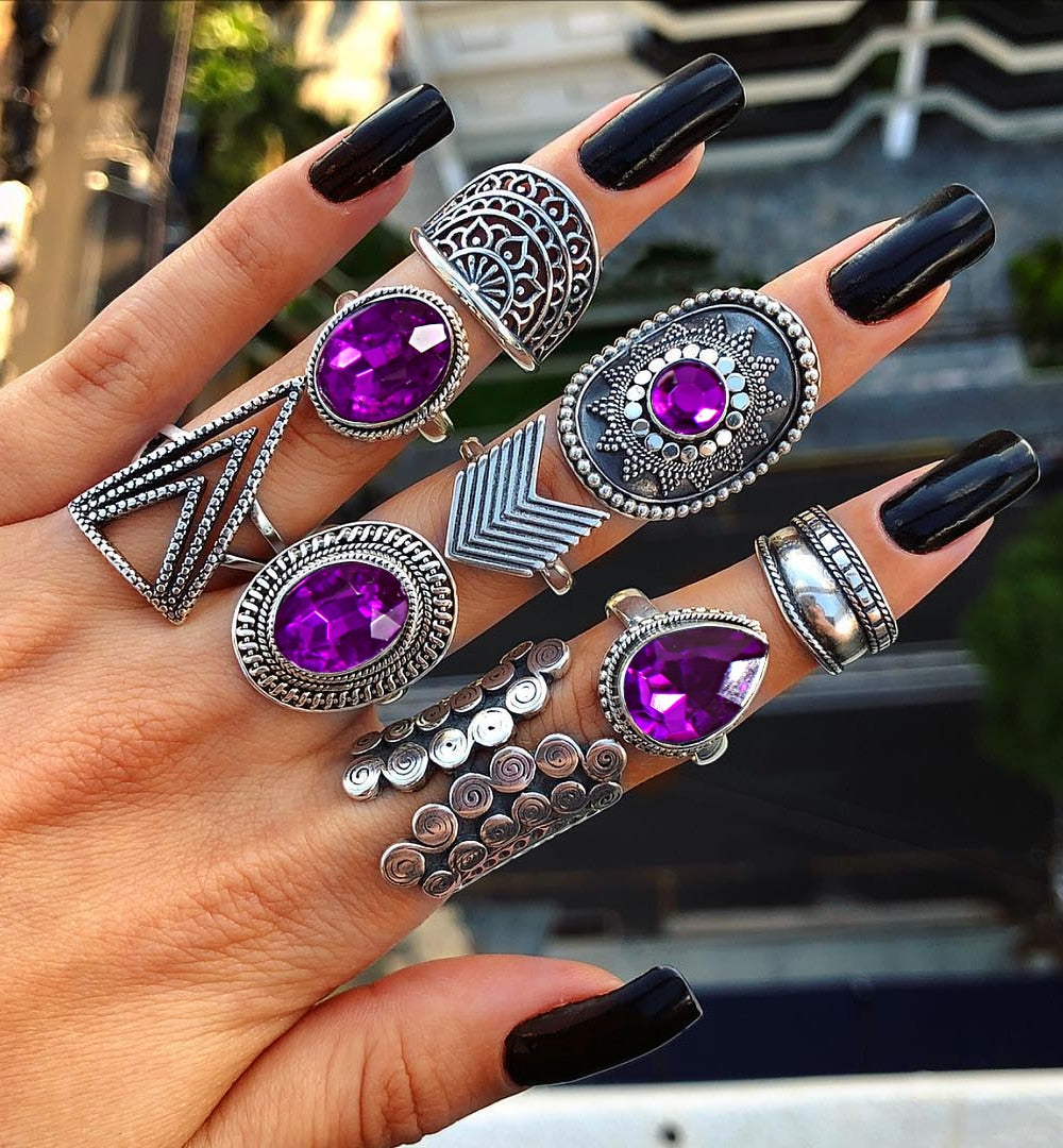 Big Purple Crystal Rings Set (9pcs)